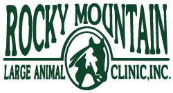 Logo for the Rocky Mountain Large Animal Clinic, Inc. Color green with a horse cameo in clip-art style